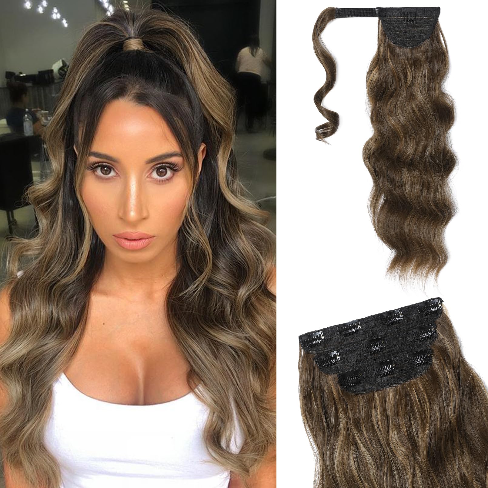 Photo 1 of FLUFYMOOZ 4PCS Half Up Half Down Ponytail Extension Set, Fake Ponytail Soft Synthetic Hairpiece for Women, Long Thick Clip in Hair Extensions Wavy Fuller High Wrap Around (Deep Brown with Dirty Blonde 22In)