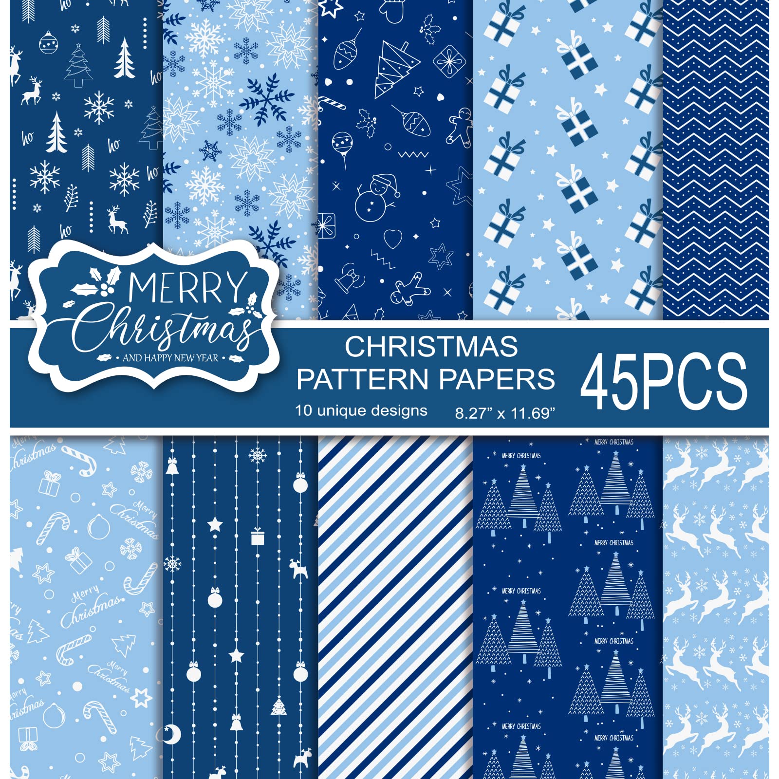 MIAHART 45 Sheets Merry Christmas Pattern Paper Set 10 Designs Festival Decorative Craft Paper Double-Sided for Card Making Scrapbook, A4 Size-Blue and White