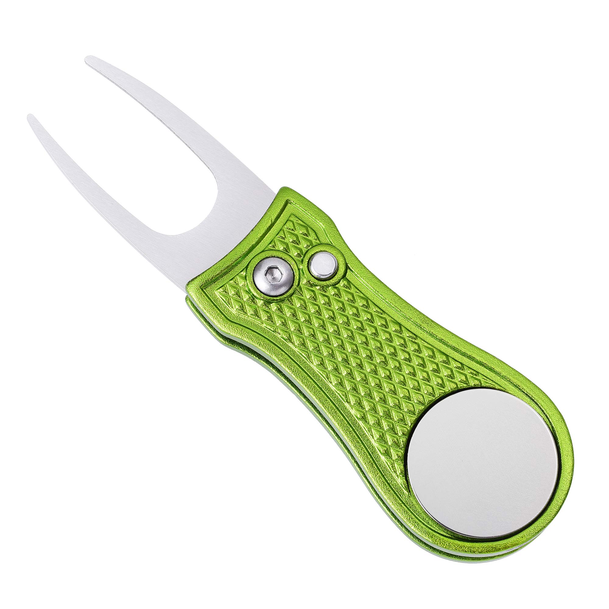 Mile High Life All Metal Foldable Golf Divot Tool with Pop-up Button & Magnetic Ball Marker (Lime Green Bone)