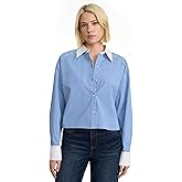 EXPRESS Women’s Cropped Portofino Shirt – Boyfriend Fit Long Sleeve Button-Up with Trendy Midriff Length – Stripe