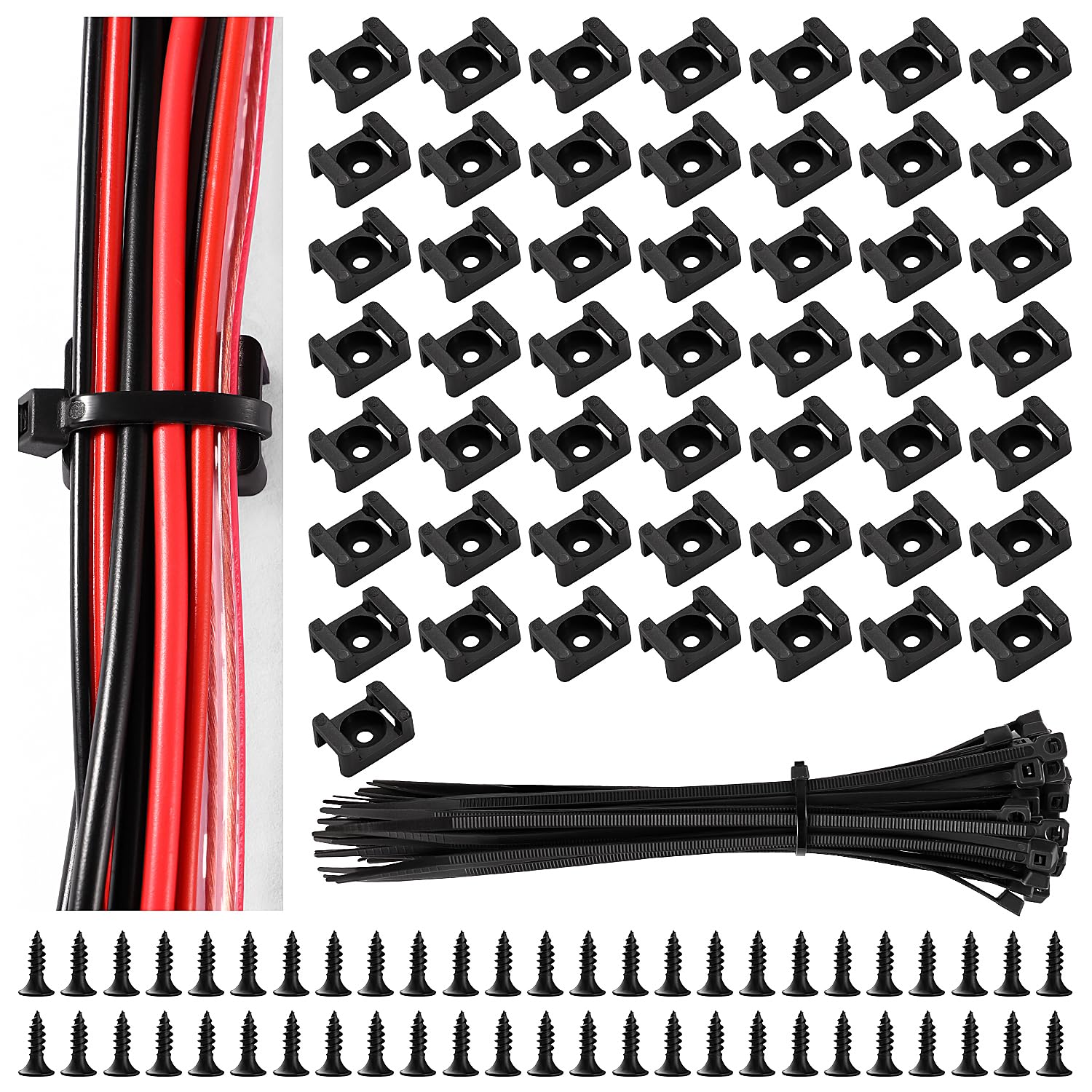 VooGenzek 50 Sets 22.3 * 15.9 mm Saddle Type Cable Tie Mount Bases, Saddle Type Mount Wire Holder, with M3.5 Screws and Cable Ties, for Wire and Cable Tidy, Black