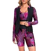 Women's 3 Piece Rash Guard Long Sleeve Swimsuits Bathing Suit with Shorts Zip Up UPF 50+ Swim Shirt with Built in Bra