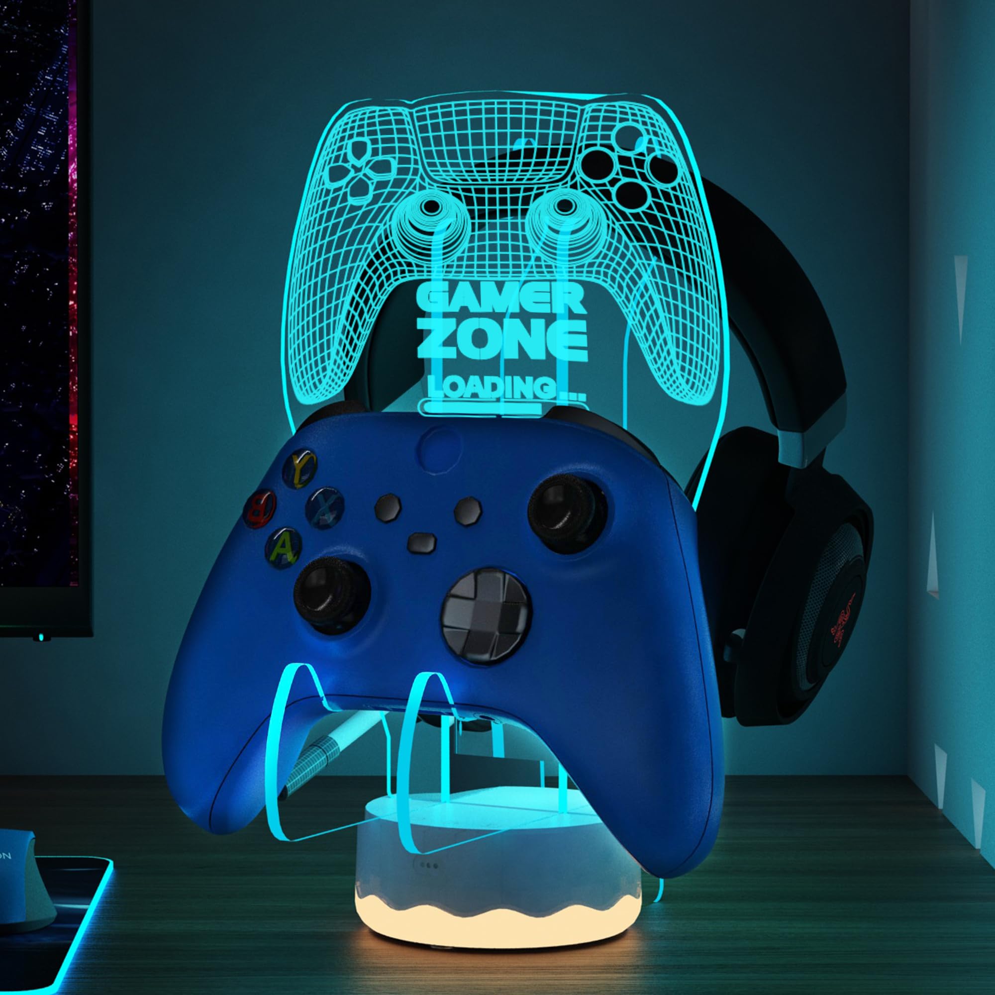 CoolGift Mart Light Up Headset und Controller Ständer, 16 Farben 3D LED Lichter Gamepad Kopfhörerhalter mit Fernbedienung, Game Controller Hänger für alle Universal Gaming PC Zubehör