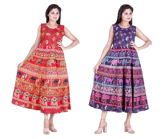 Combo Pack Printed Jaipuri Cotton Flared Long Maxi Dress with Attached Short Sleeves (Free Size, Size-S-XXL) Blue