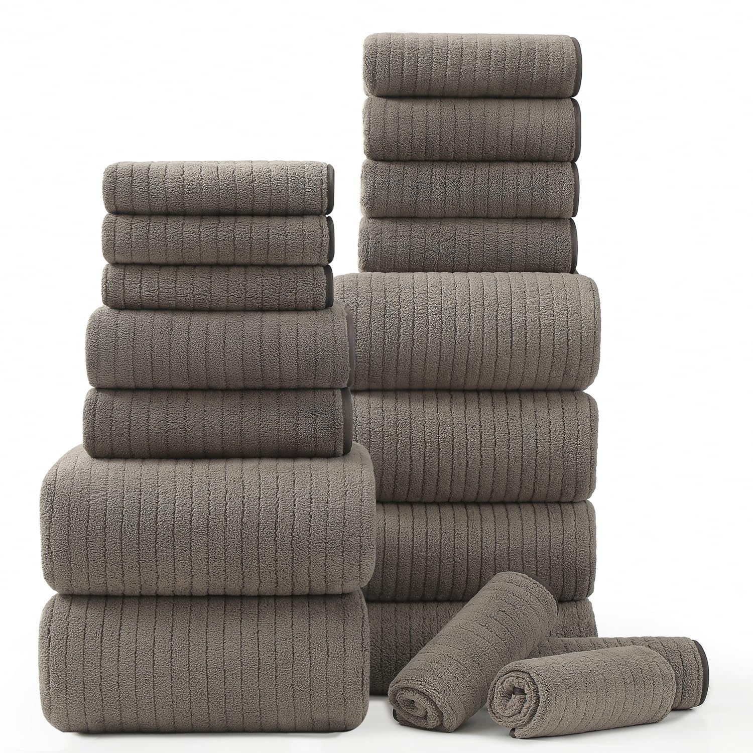 Photo 1 of 18 Piece Bath Towels Set,Super Soft Family Bathroom Towel Set with Hanging Loops-6 Bath Towels,6 Hand Towels,6 Washcloths,Highly Absorbent Quick Dry Shower Towel for Bathroom,Hotel,Spa-Brown Towel Set