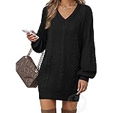 VAFOLY Women's Pullovers Jumper Sweaters Lantern Sleeve Casual V Neck Fall Knit Mini Sweater Dresses