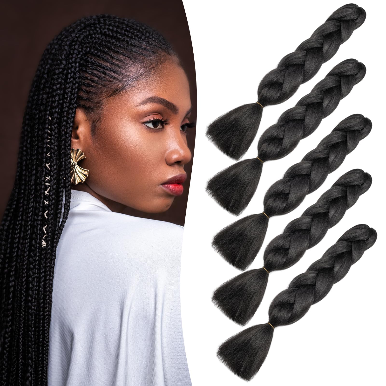 Dcbaboo Black Hair Extensions for Braiding Jumbo Braiding Hair Extension 5packs 24inch Synthetic Hair Kanekalon Ombre Braids Extensions Hair Afro Crochet Twist Box Braids 500g