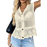 YELAIVP Women Crochet Sweater Vest Top Sleeveless V Neck Button Down Knit Tank Tops 2025 Spring Summer Casual Cardigan