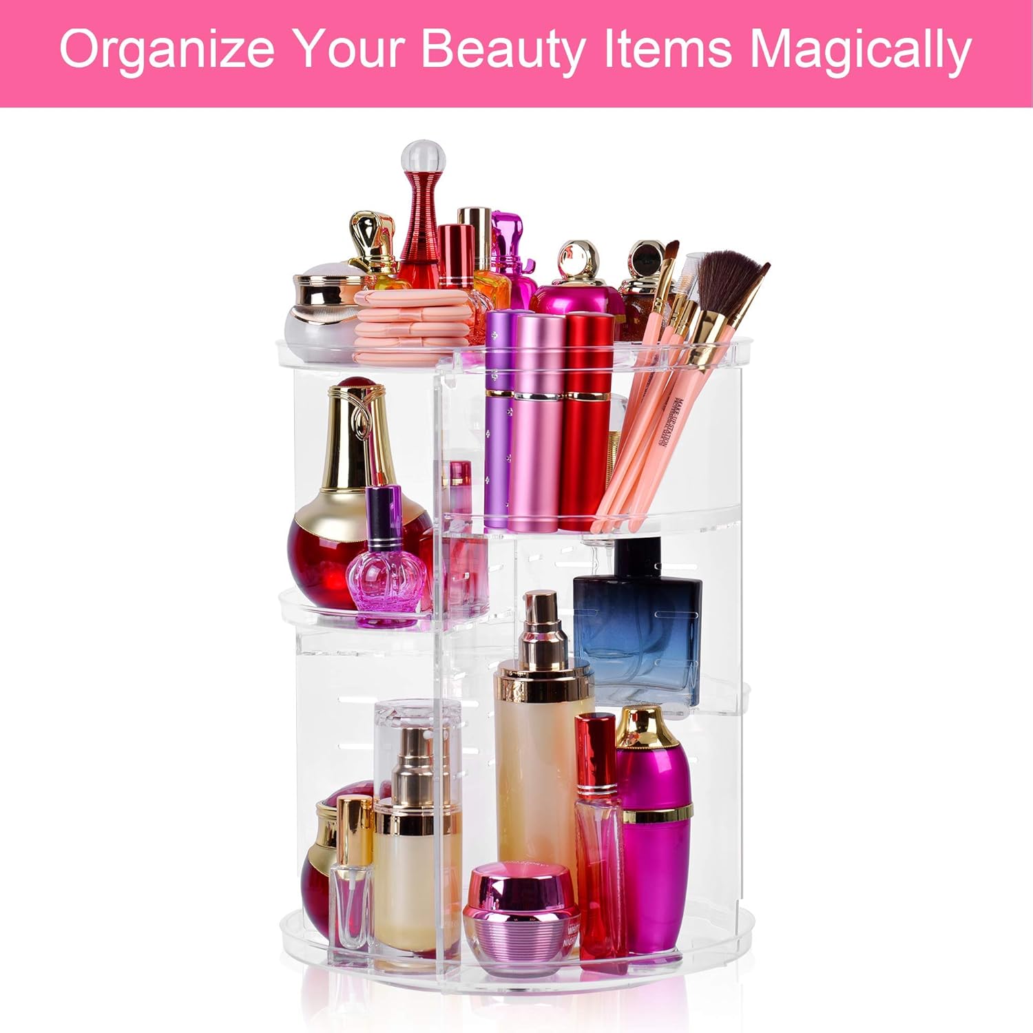 Easyhouse 360° Rotating Makeup Organizer, Adjustable Multi-Function Cosmetic Storage Organizer, Large Capacity Jewelry Perfumes Display Stand Box (Clear): Beauty