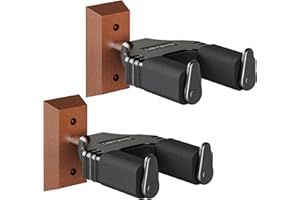 Ueteto Guitar Wall Mount Hanger, Hard Wood Base Guitar Hook Auto Locking for Acoustic, Classical, Electric, Bass Guitars, Ukuleles， 2 Pack.
