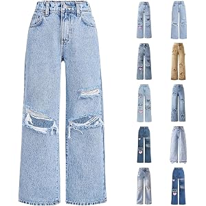 Ripped Denim Jean for Girls Cute Baggy Pants Wide Leg High Waisted Trousers | Back to School Clothes Teens Outfits Ripped Str