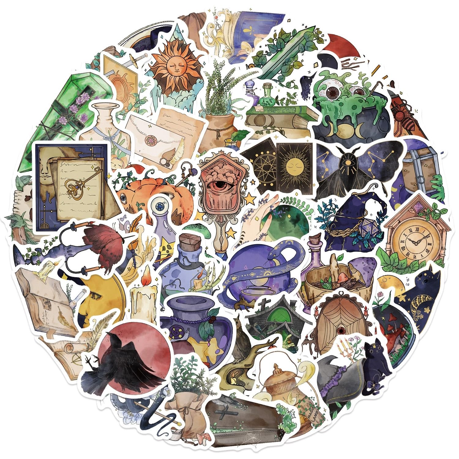 50 Pcs Watercolor Witch Stickers for Kids Teens Adults Boys Girls Gift,Witch Stickers Pack for Laptop,Skateboard,Luggage,Car,Bike,Cup,Computer,Water Bottle Decor,Vinyl Waterproof Decals โ image 1