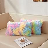XeGe 12x20 Fluffy Faux Fur Lumbar Throw Pillow Covers Set of 2, Shaggy Fuzzy Soft Tie Dye Pillowcases with Zipper, Furry Long Pillow Cases for Recliner Back Relief Decorative Home Accent, Rainbow