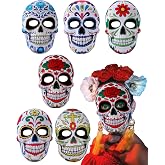RoundFunny 6/12 Pcs Halloween Day of The Dead Masks for Adult Skulls Masks | Dia De Los Muertos Costume Accessories, Full Face Floral Designs, for Halloween Cosplay Mexican Masquerade Party Decorations