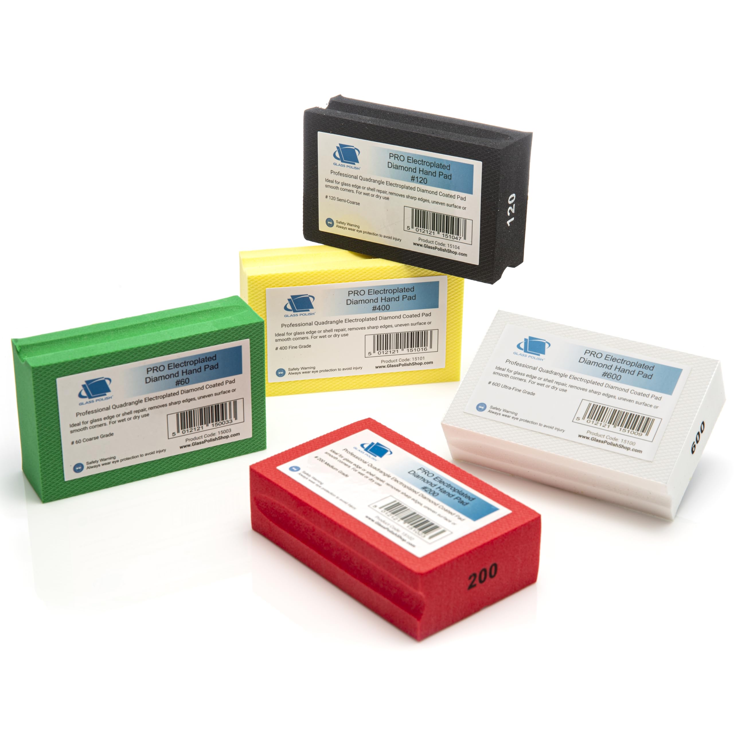 Glass Polish PRO Pack of 5 Diamond Hand Polishing Pads, Foam Sanding Blocks for Fast and Effective Sanding, Smoothing, and Edging, Grits 60, 120, 200, 400, and 600 – GP15017