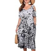 LARACE Plus Size Women Dress for Summer, Midi Women's Sundress, Casual V-Neck Short Sleeve Flowy T-Shirt Dresses with Pockets