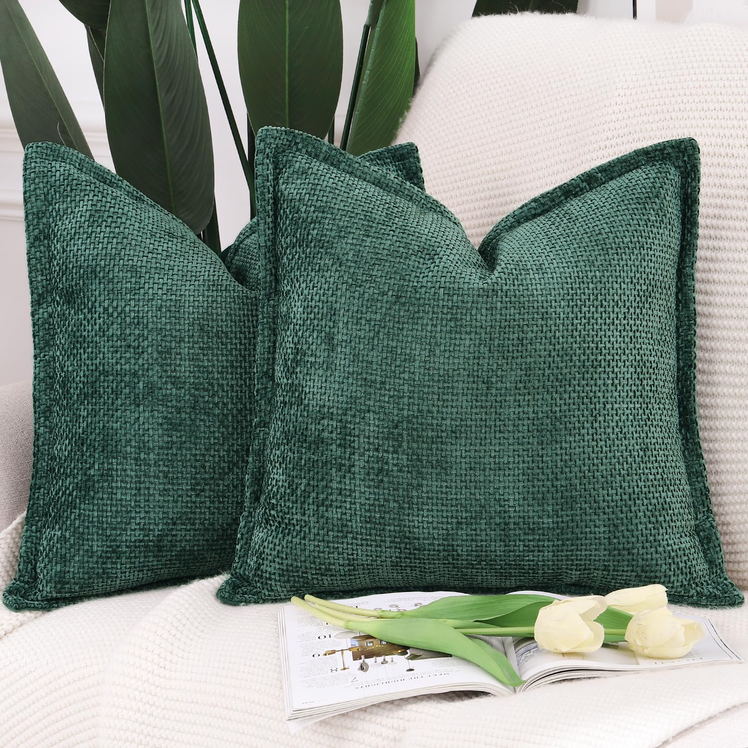 Madizz Set of 2 Chenille Velvet Cushion Covers with Flange Soft Boho Textured Throw Pillow Covers Broadside Pillowcases Modern Farmhouse Home Decor for Sofa Bedroom Dark Green 16x16 inch, 40x40 cm