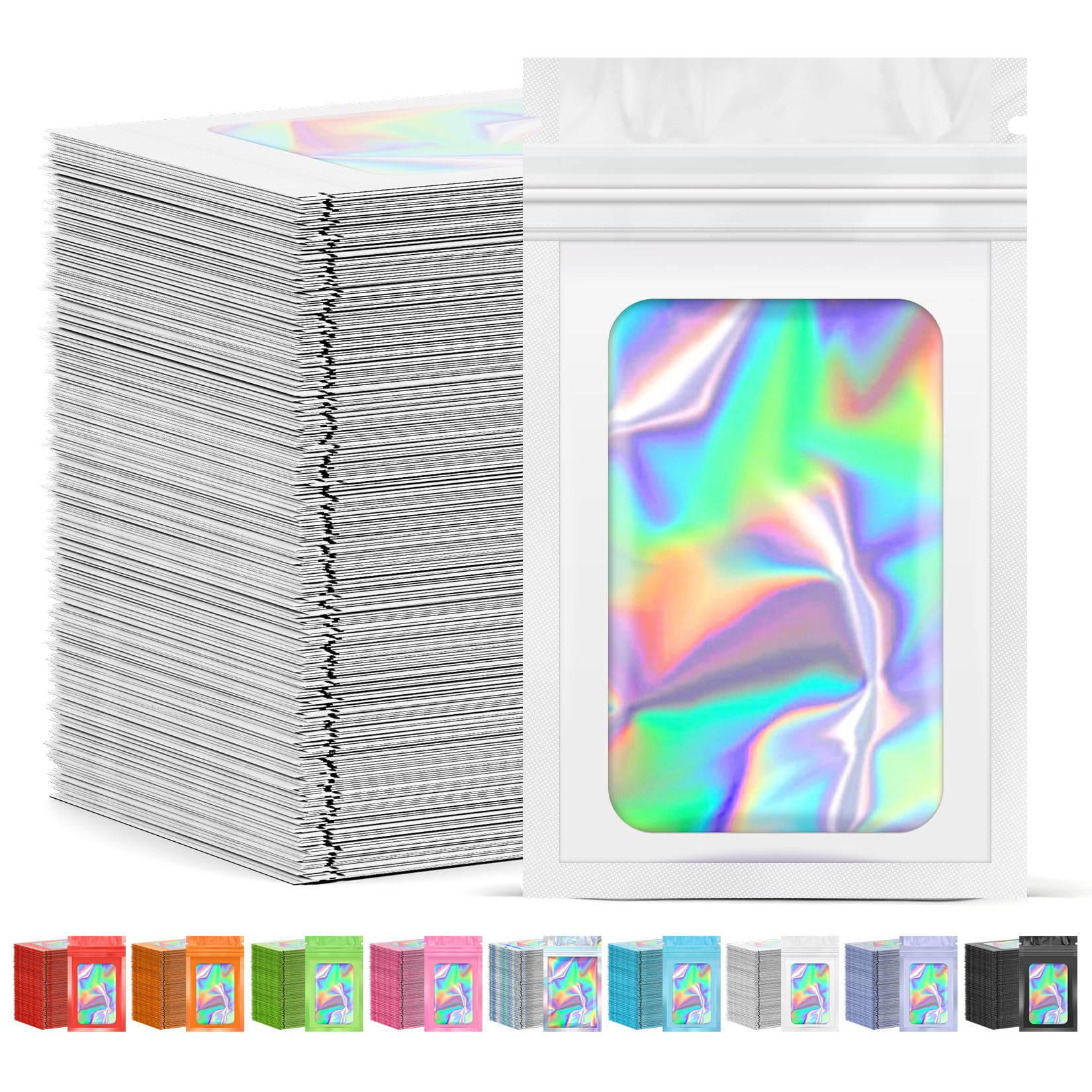 Photo 1 of JETMORE 300 Pcs Mylar Bags, Smell Proof Bags Foil Pouch, Holographic Resealable Bags for Small Business, Candy Sample Jewelry Bag Sealable Packaging for Party Favor Food Storage (5.5x7.9in-White)