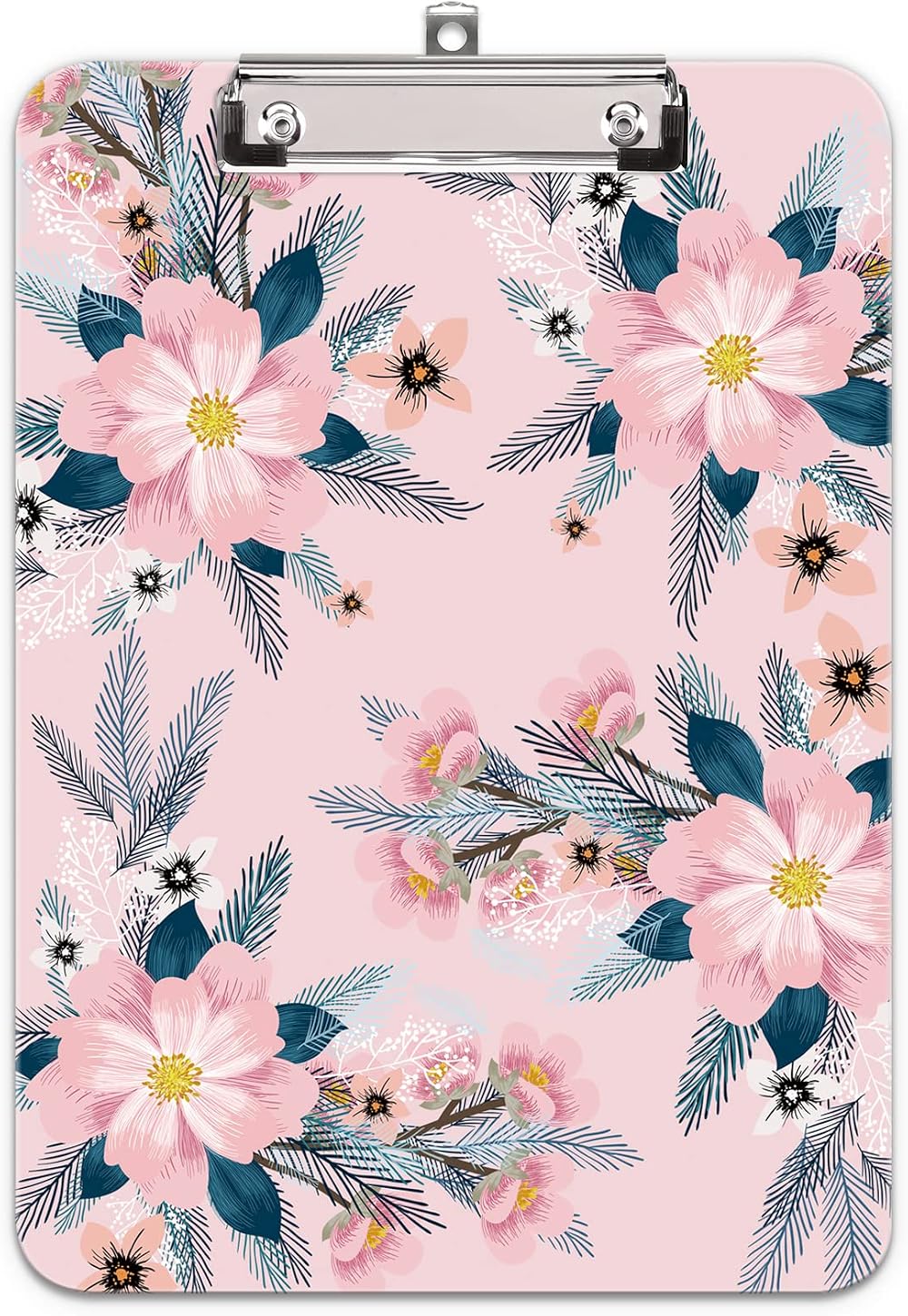 Hnogri A4 Plastic Clipboard Pink Flower Low Profile Clip