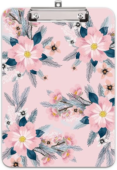 Hnogri A4 Plastic Clipboard Pink Flower Low Profile Clip