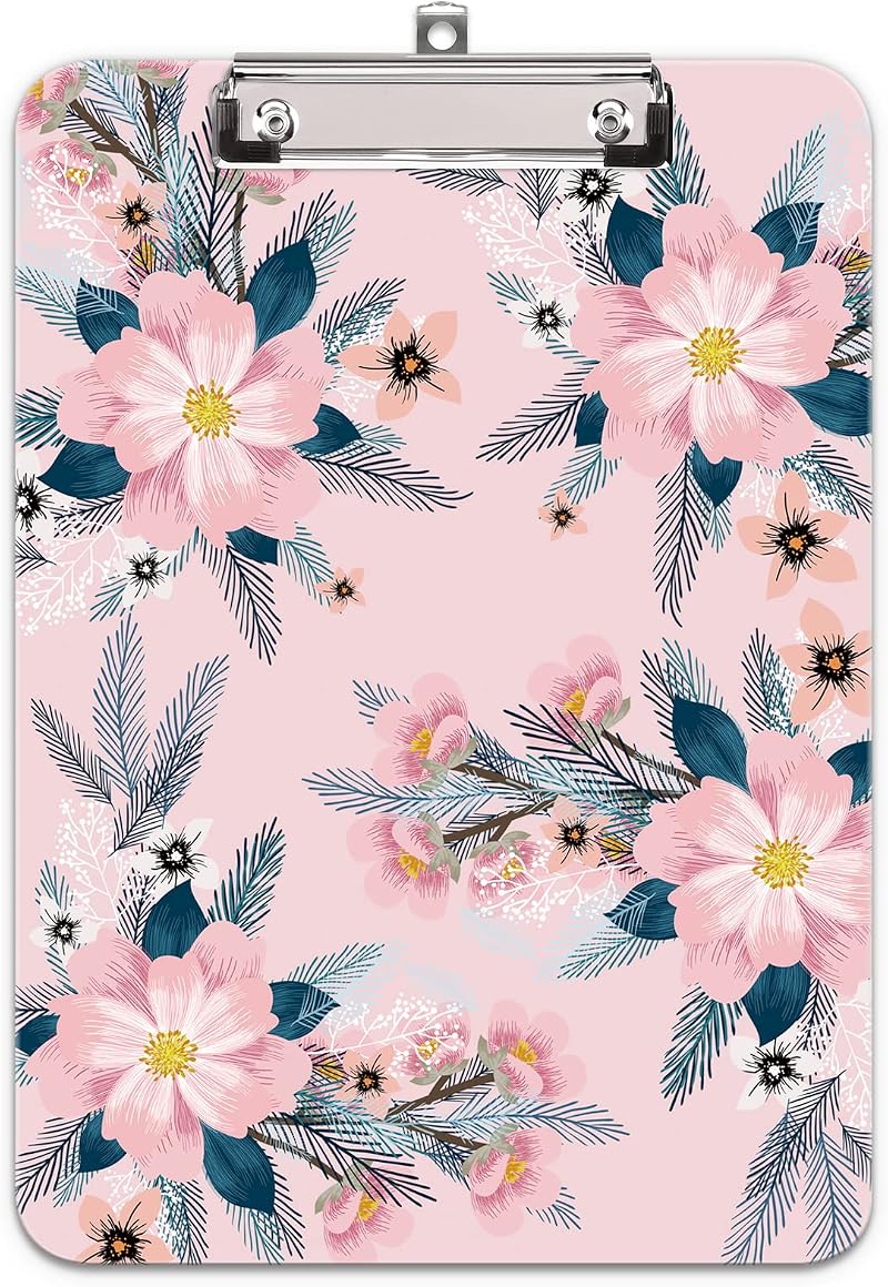 Hnogri A4 Plastic Clipboard Pink Flower Low Profile Clip