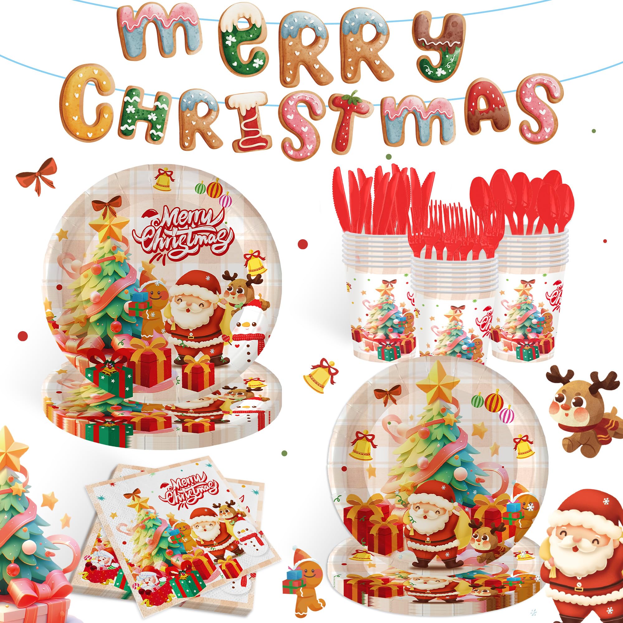 Photo 1 of 169pcs Christmas Party Plates and Napkins Table Dinnerware Set Decorations?Dinnerware Set Serves 24, Party Supplies for Kids and Adults