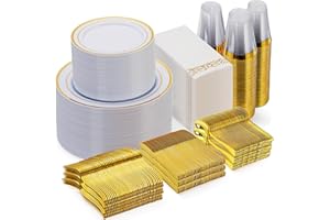 Goodluck 700 Piece Gold Dinnerware Set for 100 Guests, Disposable for Party, Include: 100 Gold Rim Dinner Plates, 100 Dessert