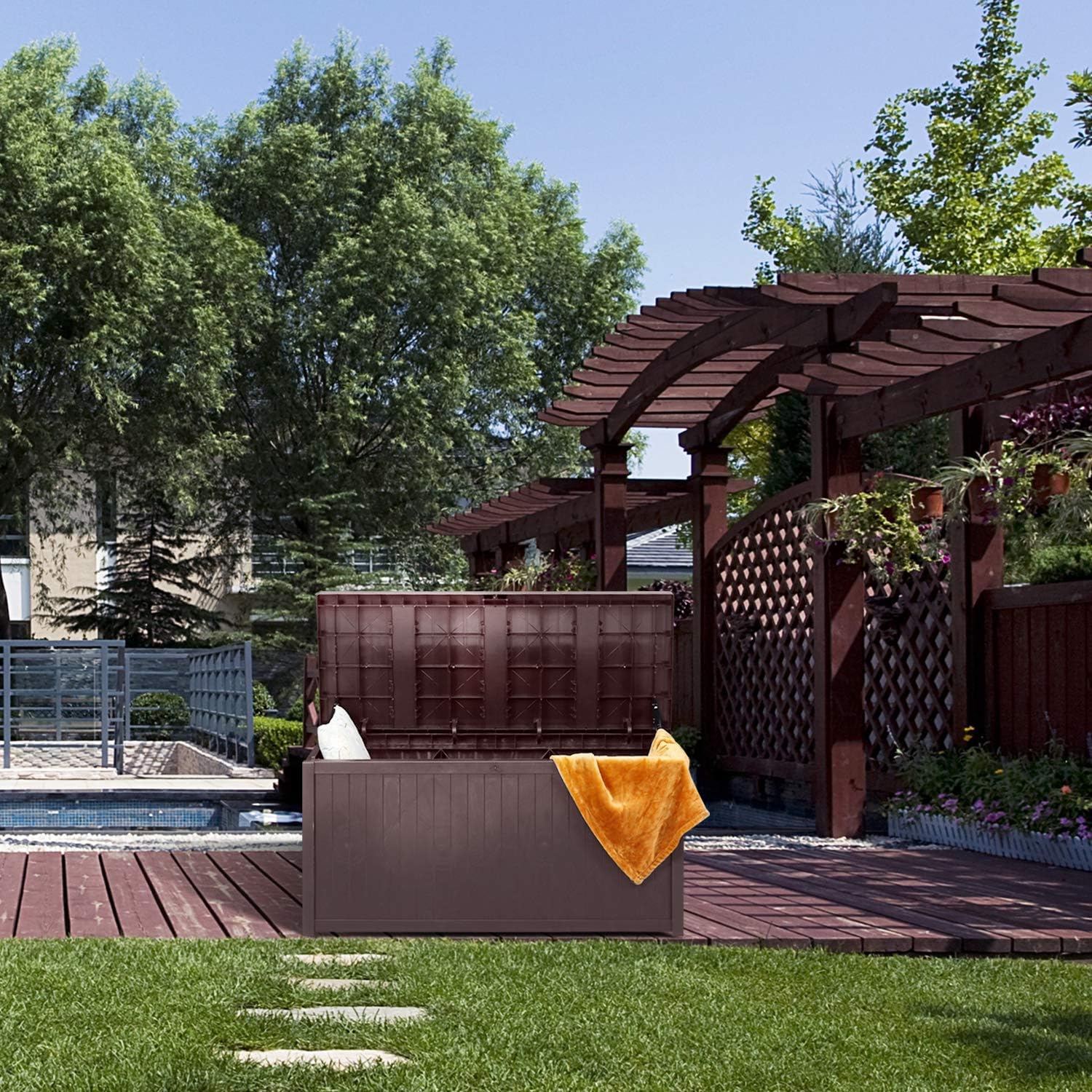 Waterproof Deck Storage Container Box Outdoor - Plastic Patio Storage Bench 115 Gal, Brown: Home Improvement