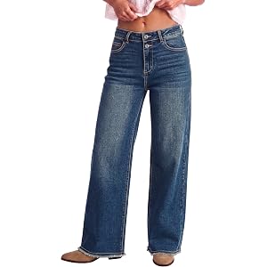 luvamia Wide Leg Jeans for Women High Waisted Stretchy Denim Pants Raw Hem | Wide Leg Jeans, 90s Baggy Straight, High Rise, S