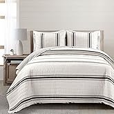 Lush Decor Farmhouse Stripe Reversible Quilt Cotton Queen Size 3 Piece Set Full/Queen Black - Farmhouse Bedding Set Queen Quilt - Striped Bedding