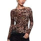 INLYRIC Women's Cosnufy Mesh Sheer Long Sleeve Tops See Through Boat Neck Going Out Tops Trendy Sexy Shirts