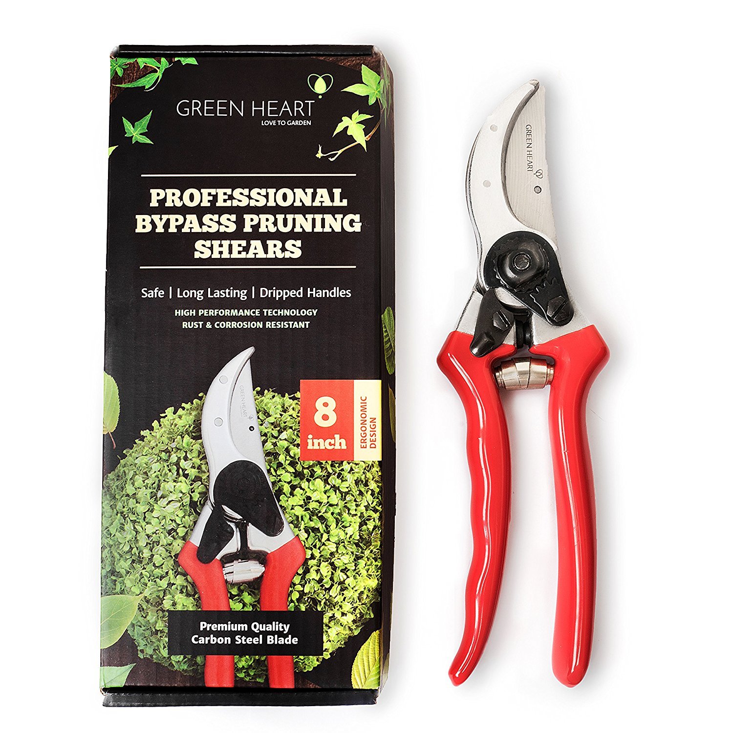 Green Heart Garden Bypass Pruning Shears with Premium Carbon Blades and Safety Lock