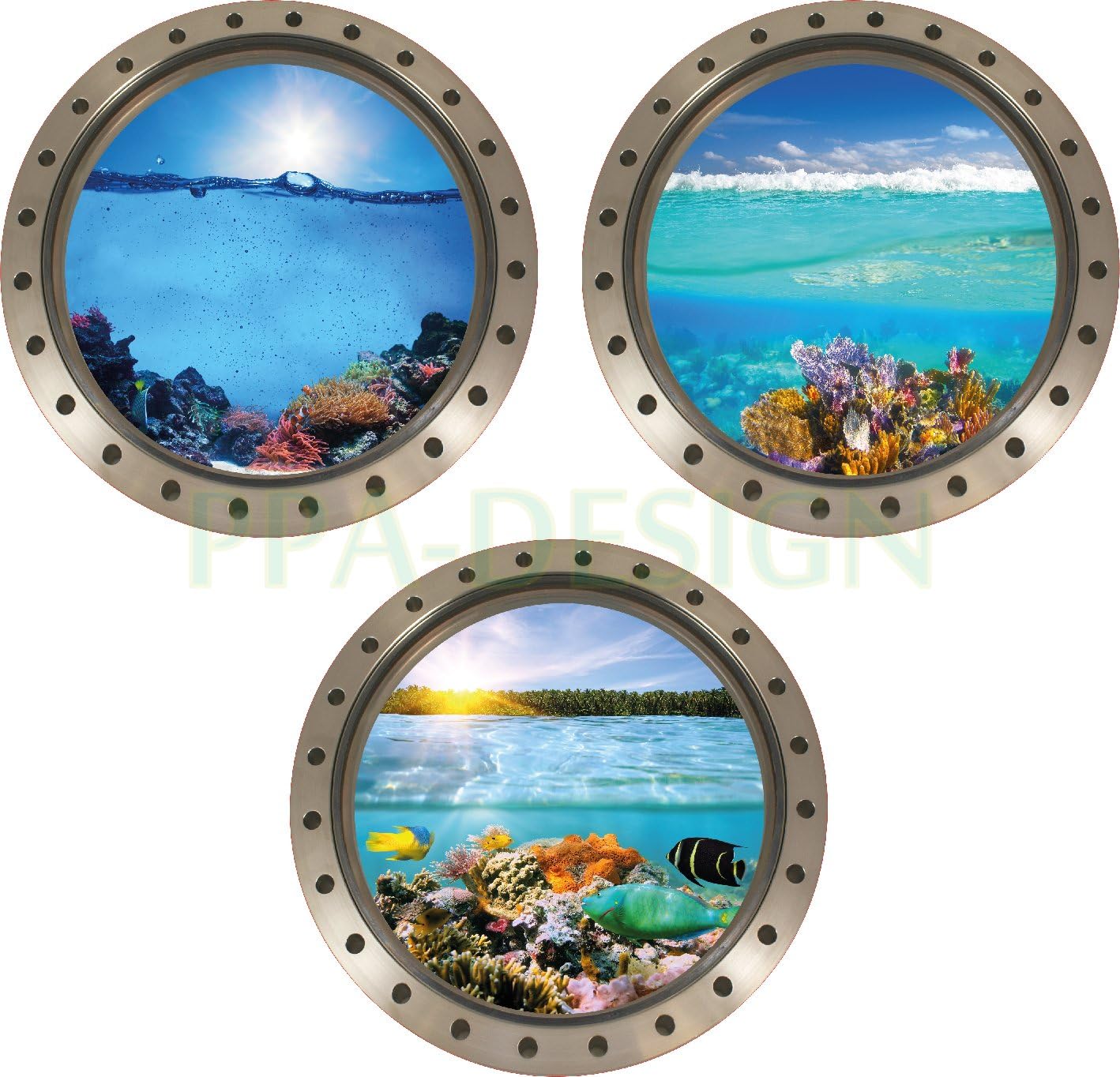 Sticker Mural Trompe l'oeil Hublot Coraux Poissons Vue sous Marine