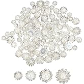 PATIKIL 100 Pcs Pearl Sew on Rhinestones Crystals 8mm 10mm 12mm 14mm, 3 Layers Sewing Flower Claw Rhinestones Glass Gems Metal Base for DIY Craft Dress Clothes Belt, Silver/Beige