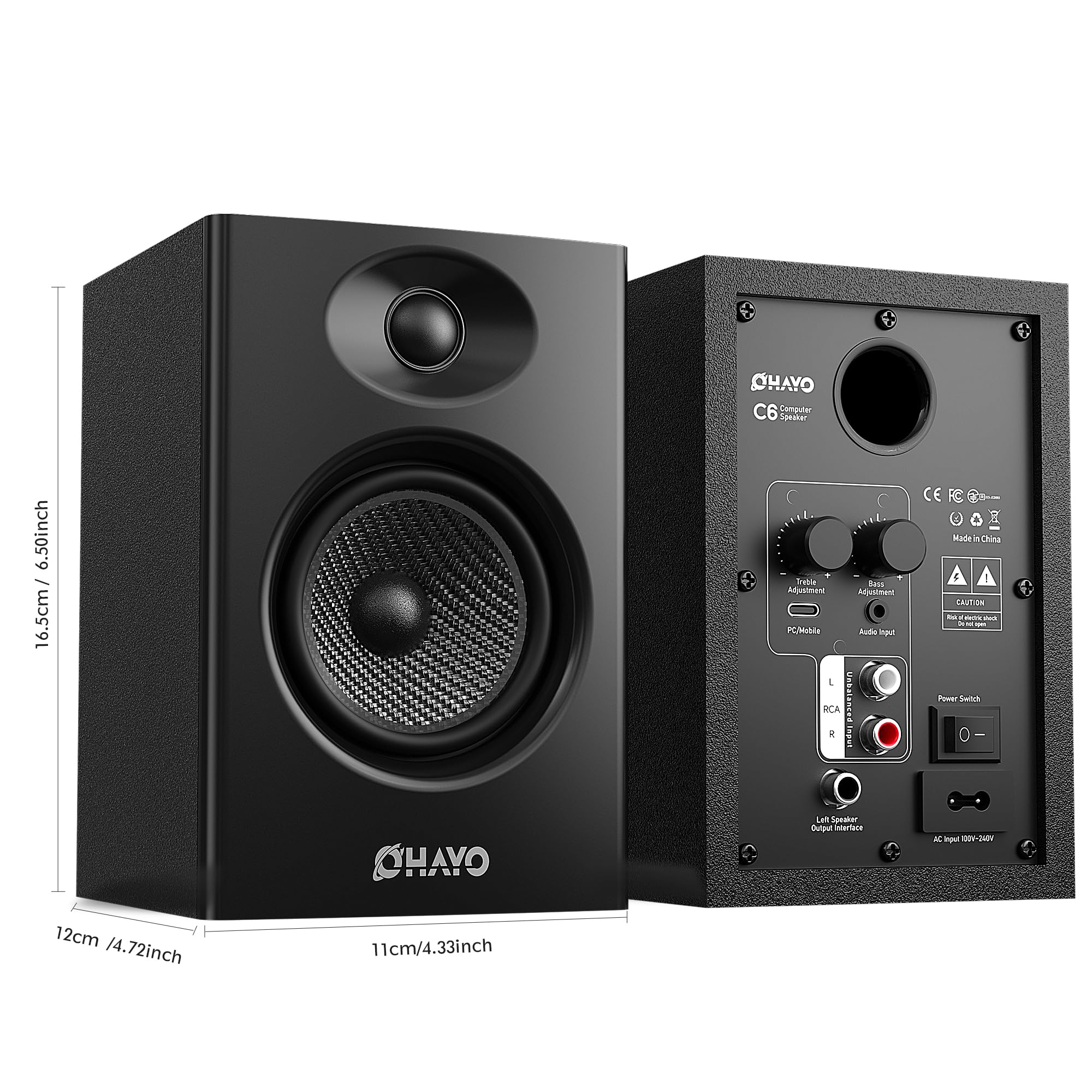 OHAYO 60W Computer Speakers for Music and Gaming, Active Bluetooth 5.3, Stereo 2.0 Speakers for Desktop PC or Laptop, 3.5mm Aux RCA Input, USB-Powered, 1 Pair, Black