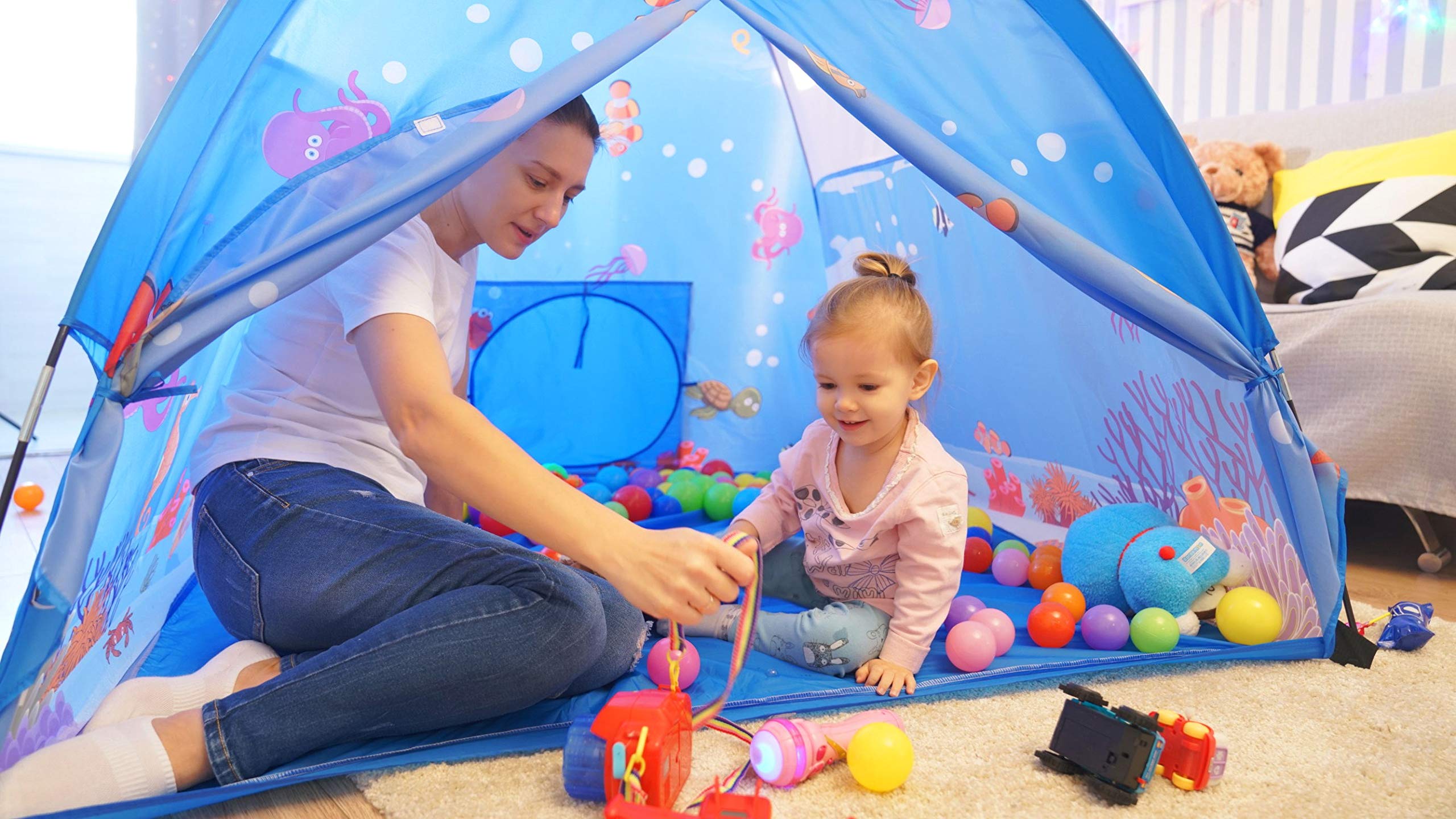 Homfu Play Tent For Kids Dome Style Playhouse For Children Indoor Outdoor Toy Ocean Sea World Pattern Boys and Girls Beach Tent (Blue)