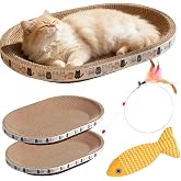 Cat Scratcher Bed with Toys, 2 Pack Oval Cat Scratcher Cardboard, Indoor Cat Scratch Bowl, Large Pad Cat Scratching Board with Catnip Fish Toy &amp; Feather Wand for Furniture Protector
