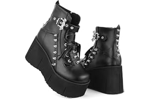 Accloris Black Platform Ankle Boots for Women Goth Rave Shoes Round Toe Wedge Chunky High Heels Buckle Booties