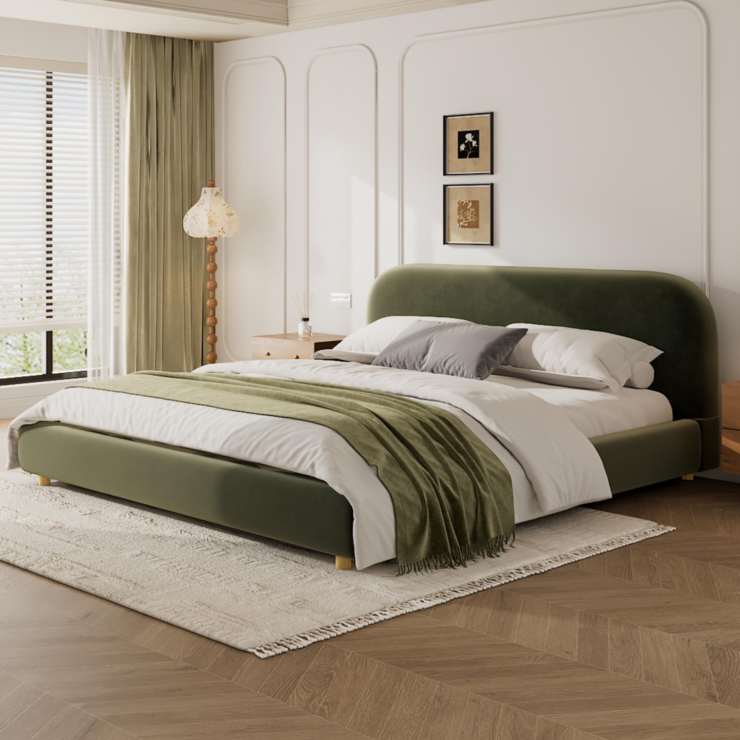 View 1 of *** TRUCK OR TRAILER PICKUP ONLY** Merax King Size Teddy Fleece Thick Fabric Upholstered Platform Bed with Curved Shaped Headboard, Wood Bed Frame with Solid Round Legs for Kids Teens Adults, Olive Green