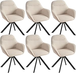 Goeurvant Drehbare Esszimmerstühle 6er Set mit Armlehne, 360° drehbar Beige, Polsterstuhl aus Leinen, Küchenstuhl Armlehnstühle mit Metallbeine und Rückenlehne für Esszimmer Küche Büro