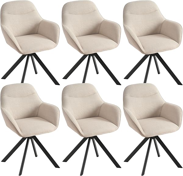 Goeurvant Drehbare Esszimmerstühle 6er Set mit Armlehne, 360° drehbar Beige, Polsterstuhl aus Leinen, Küchenstuhl Armlehnstühle mit Metallbeine und Rückenlehne für Esszimmer Küche Büro