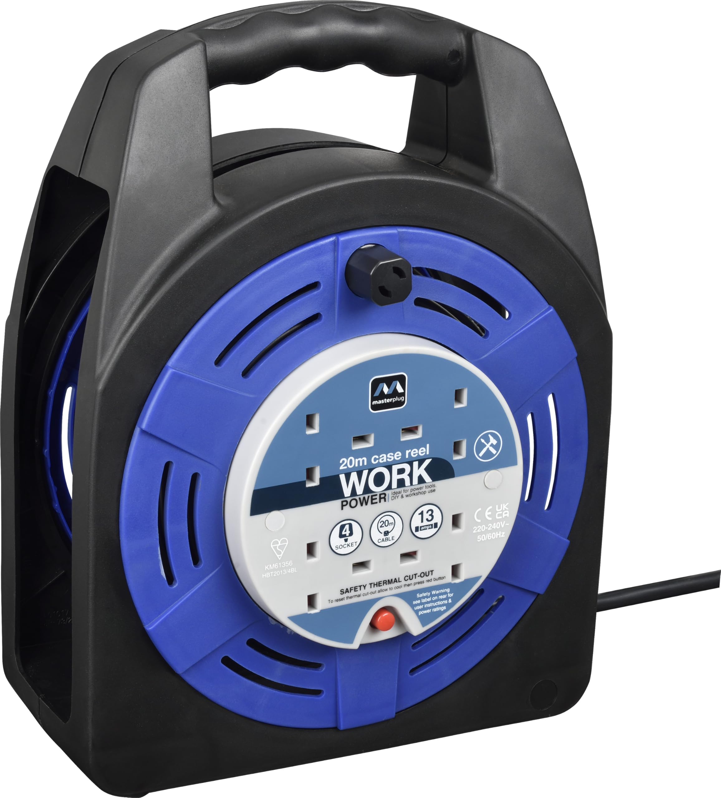 Masterplug Four Socket, 20 Metre Case Reel, Large Extension Lead Cable Reel, Wind-Up Retractable Power Cord Reel, Thermal Cut Out, Work Power, Blue/Black, 13A, 4G, 20m, HBT2013/4BL