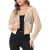 Allegra K Hoodie Jacket for Women's Zip Up Cropped Mesh Jackets Workout Long Sleeve Sheer Bomber Jacket