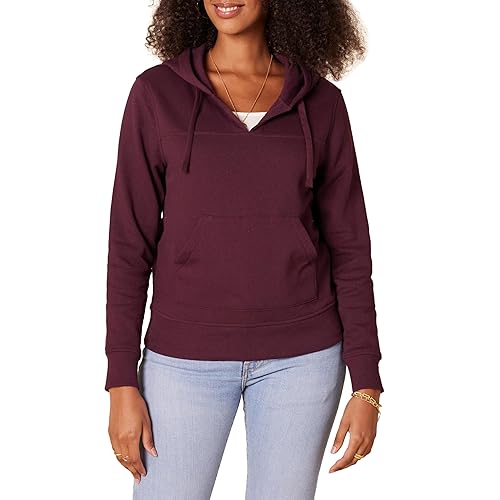 Amazon Essentials Women's Classic-Fit Long-Sleeve Open V-Neck Hooded Sweatshirt, Burgundy, Small