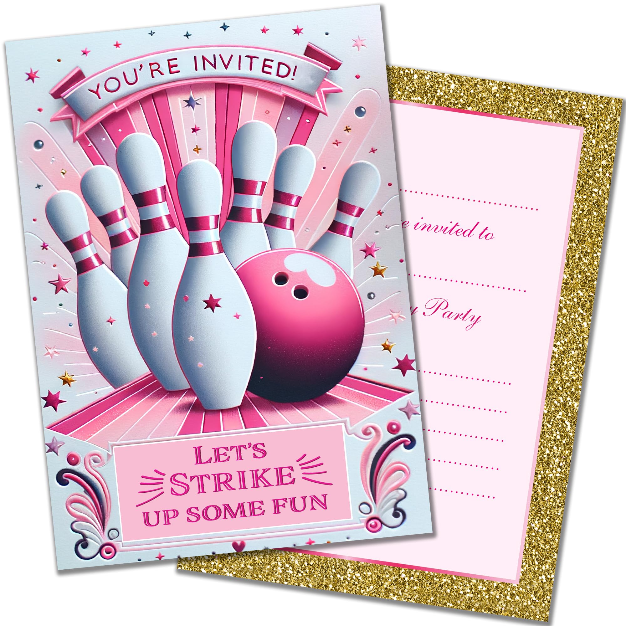 PACK 20 Bowling Party Invitations for Girls with Envelopes – Pink and Gold Design – Double Sided Cards – Designed and Printed in the UK