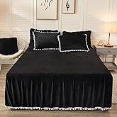 LIFEREVO Luxury Pom Poms Velvet Bed Skirt, 18 Inch Drop Dust Ruffle Soft Cozy Wrap Around Bed Skirt, Quilted Fitted Bed Sheet