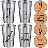 Jingmore 4 Pack Golf Tumblers - 16 oz Stainless Steel Cups Gift with Coasters - Golf Themed Metal Drinking Coffee Mugs Gift for Men, Dads, Grandpa for Father's Day Birthday Party