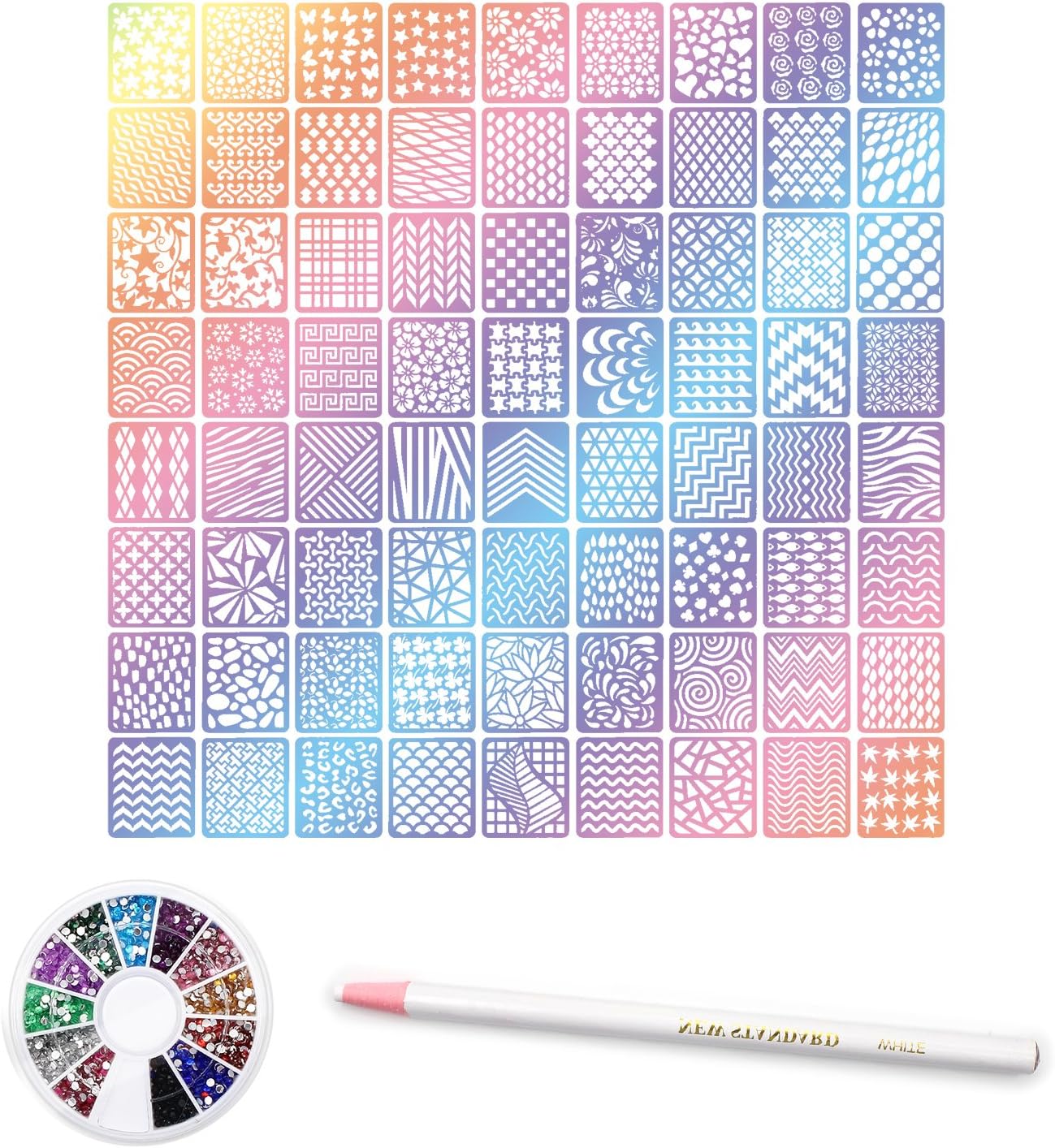 24 Nail Art Stencil Stickers Vinyl Sheets - Various Designs - Cute Easy Nail Art and Manicure Nail Art Decorations Set with Mixed Colors Rhinestones -Nail Rhinestones Picker Pencil