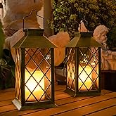 TAKE ME 14" Solar Lanterns Outdoor Waterproof Garden Lanterns Large Flickering Flameless Candle Mission Lights for Table,Outdoor,Party Mothers Day Gifts ( 2 Packs Brush-Painted Antique Bronze Color)