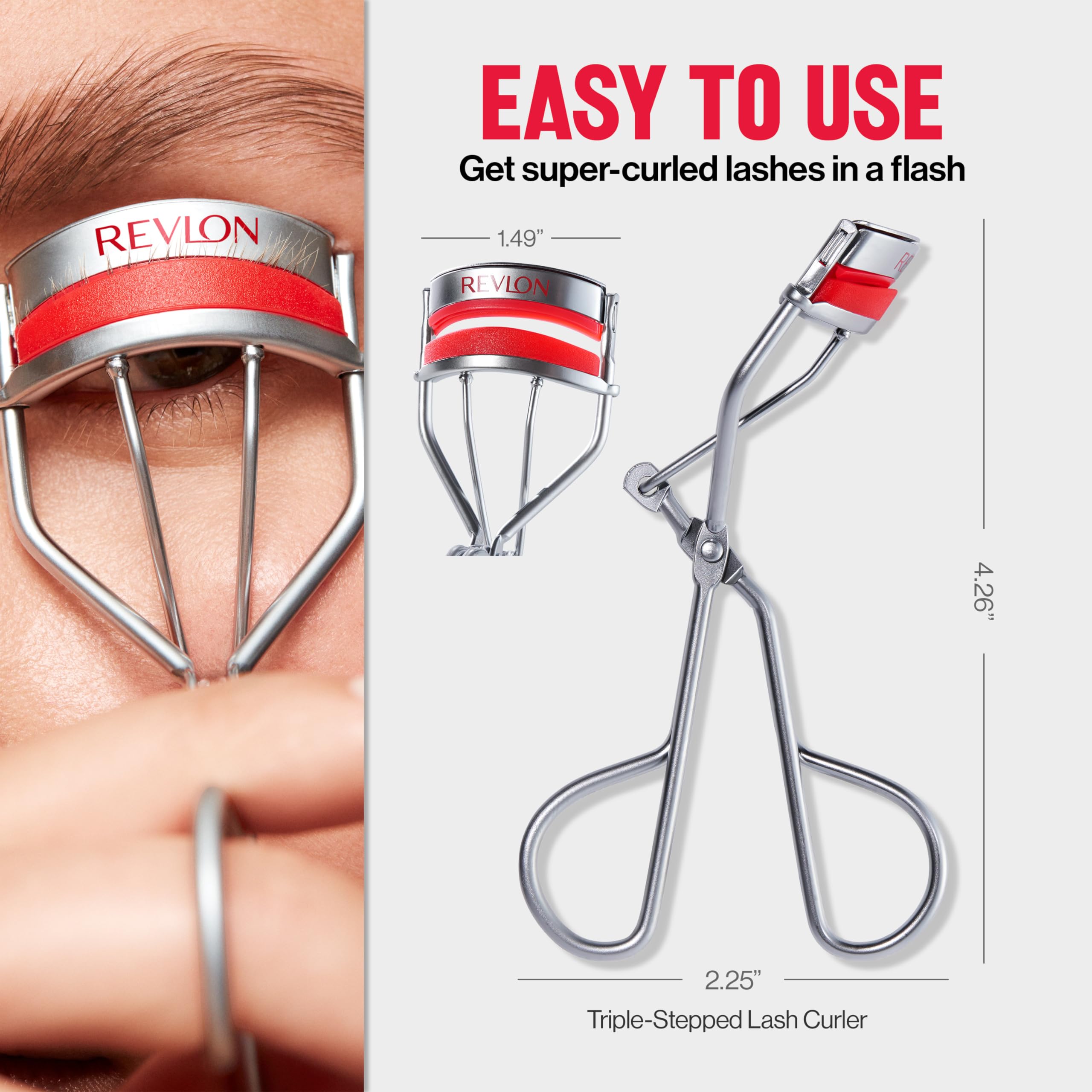 Revlon Triple-Stepped Lash Curler, Eyelash Lift For a Super-Curled Look in One Squeeze, 3-Tiered Pads for Gentle, Tug-Free Curling, 1 Count